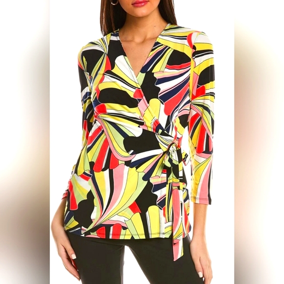 Anne Klein Wrap Top 3/4 Sleeve Geographic Colors V-neck Size Small - Picture 1 of 9